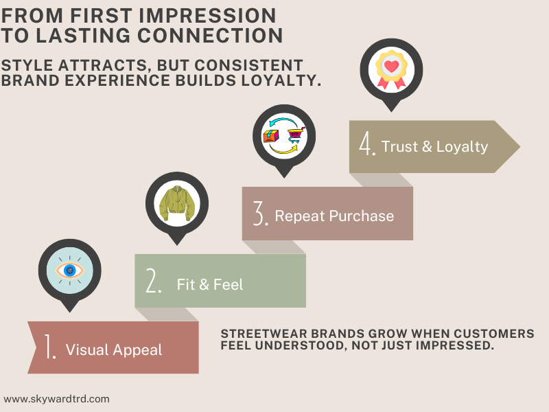 Visual journey from first impression to lasting brand loyalty for streetwear brands, focusing on customer experience and repeat purchase.