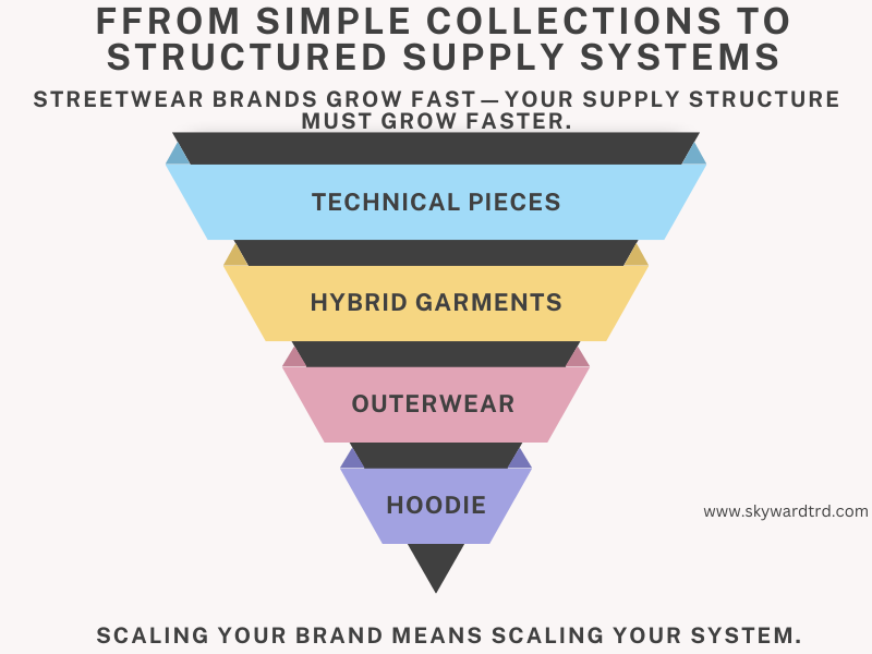 Visual representation of key supply system challenges and solutions for growing streetwear brands — highlighting the shift from order-based production to system-based development for better scalability and collaboration.