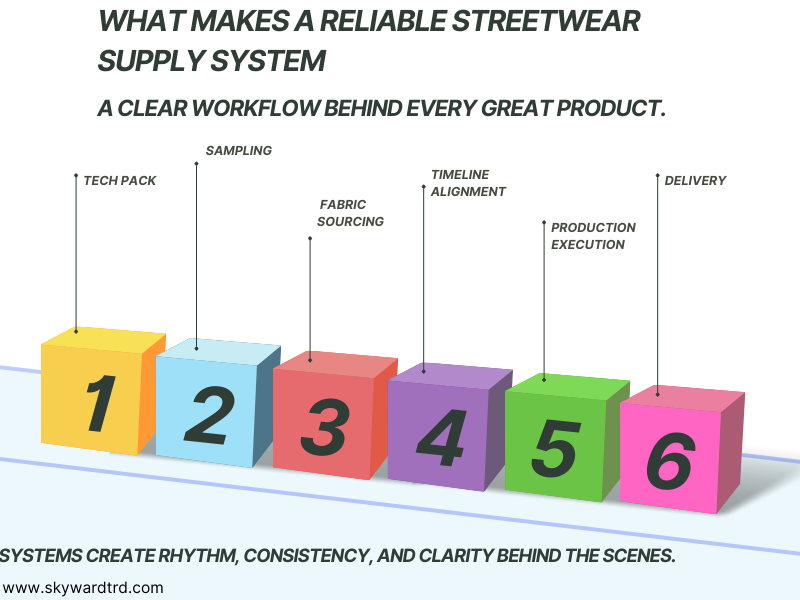 Visual representation of key supply system challenges and solutions for growing streetwear brands — highlighting the shift from order-based production to system-based development for better scalability and collaboration.