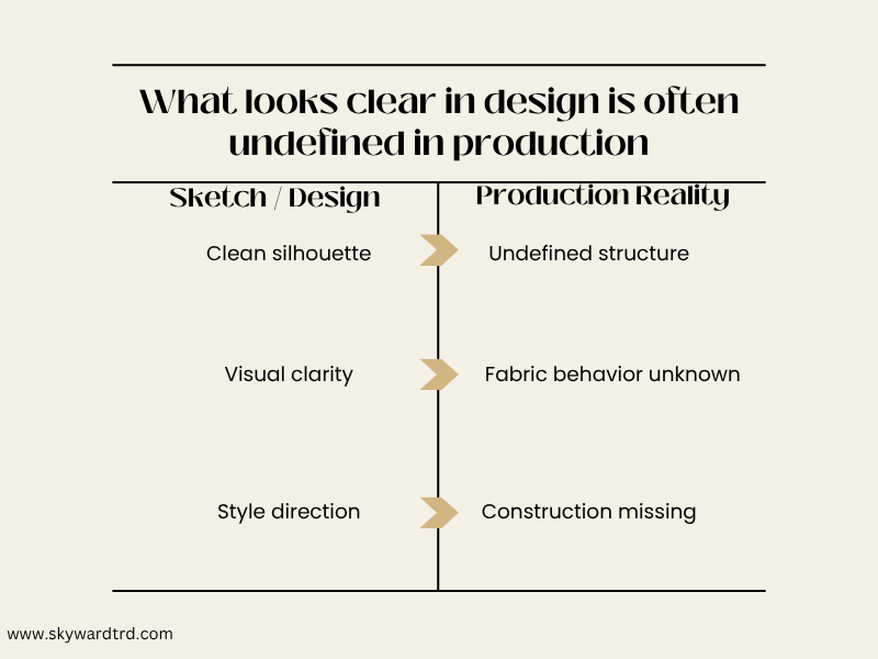 garment product development gap between sketch design and production reality showing undefined structure and fabric behavior.