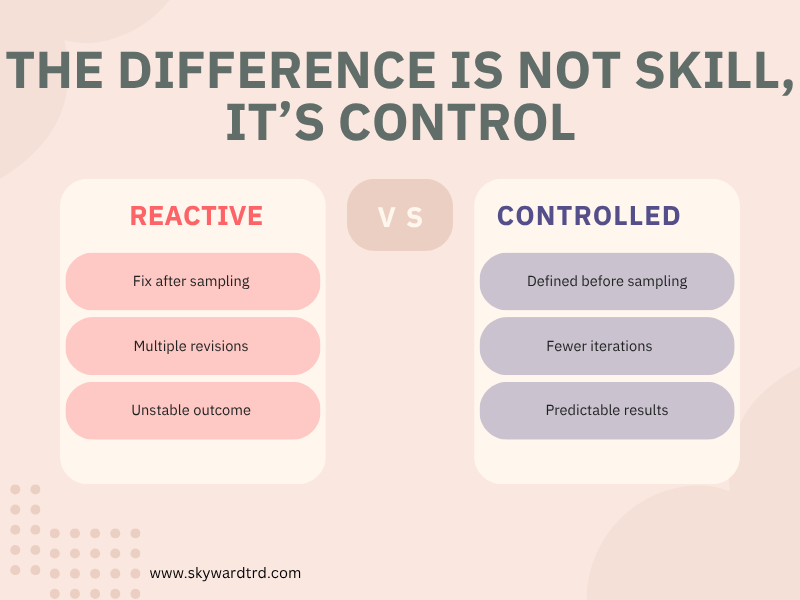 garment product development comparison showing reactive vs controlled process with predictable results and reduced revisions.