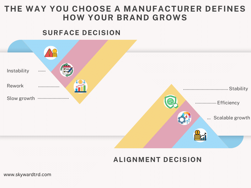 streetwear manufacturer decision showing how choosing based on surface factors leads to instability rework and slow growth while choosing alignment leads to stability efficiency and scalable brand growth.