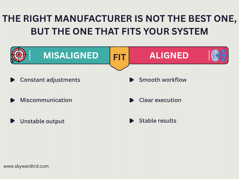 streetwear manufacturer comparison showing misalignment versus alignment and how choosing the right manufacturing partner leads to stable results clear execution and smooth workflow.