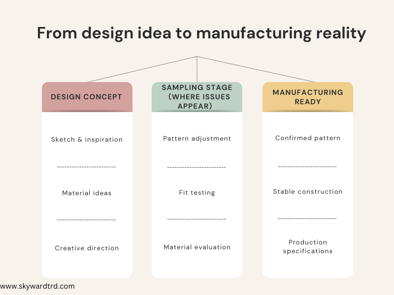 streetwear sampling process from design concept to manufacturing showing where issues appear during product development.