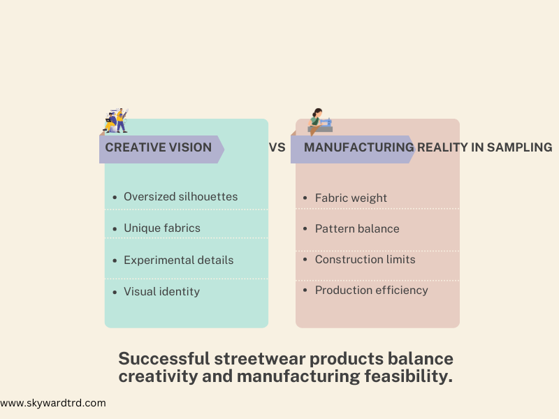 streetwear sampling comparison between creative vision and manufacturing reality showing design limitations and production constraints.