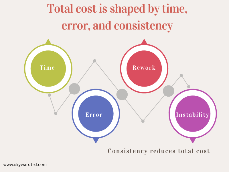 cheap clothing manufacturer cost breakdown showing how time delays, production errors, rework, and instability increase total production cost despite lower initial pricing.