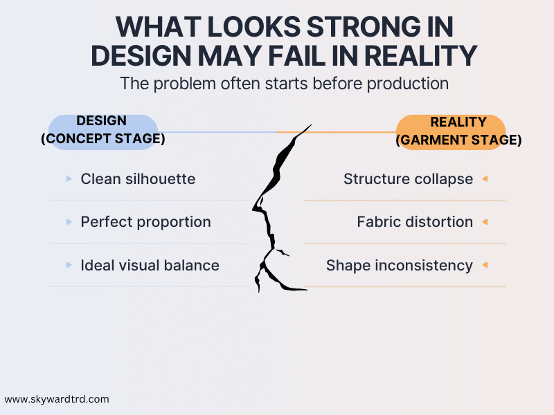 Streetwear design vs production reality showing garment construction issues like structure collapse and fabric distortion.
