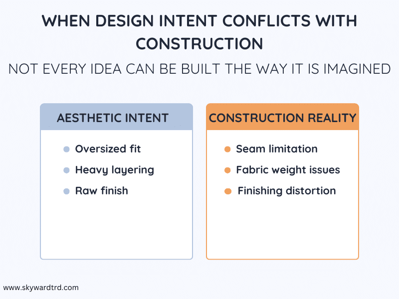 Streetwear design intent vs construction reality showing garment construction issues like seam limitations and fabric distortion.