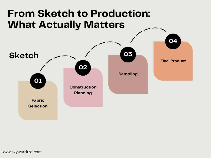 Garment product development workflow from sketch to production designed to reduce garment construction issues in streetwear.